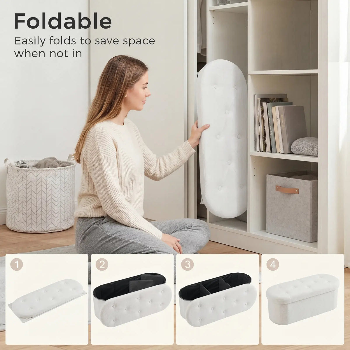 Folding Storage Ottoman Bench, Oval Round Ottoman End of Bed Foot Rest Bench Stool with Cushion, Storage Chest for Bedroom, Living Room, Entryway, Foldable Stool