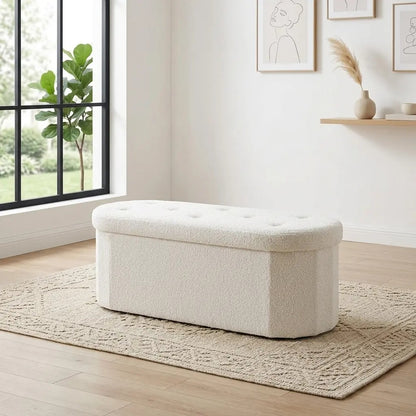 Folding Storage Ottoman Bench, Oval Round Ottoman End of Bed Foot Rest Bench Stool with Cushion, Storage Chest for Bedroom, Living Room, Entryway, Foldable Stool