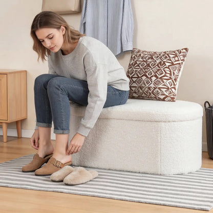 Folding Storage Ottoman Bench, Oval Round Ottoman End of Bed Foot Rest Bench Stool with Cushion, Storage Chest for Bedroom, Living Room, Entryway, Foldable Stool