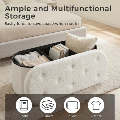 Folding Storage Ottoman Bench, Oval Round Ottoman End of Bed Foot Rest Bench Stool with Cushion, Storage Chest for Bedroom, Living Room, Entryway, Foldable Stool