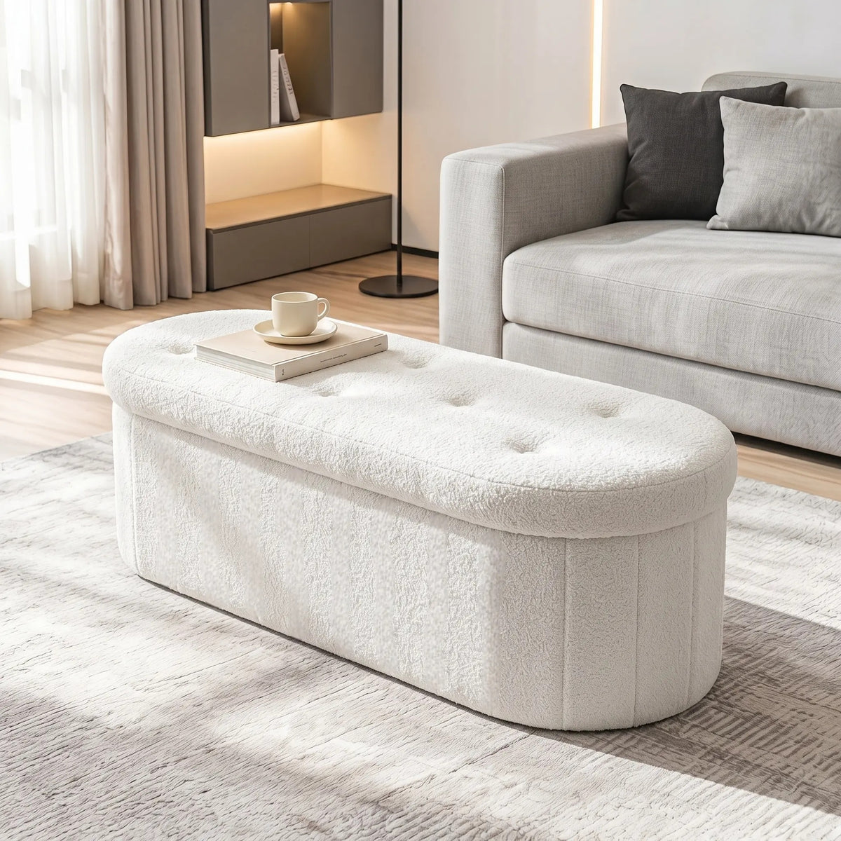 Folding Storage Ottoman Bench, Oval Round Ottoman End of Bed Foot Rest Bench Stool with Cushion, Storage Chest for Bedroom, Living Room, Entryway, Foldable Stool